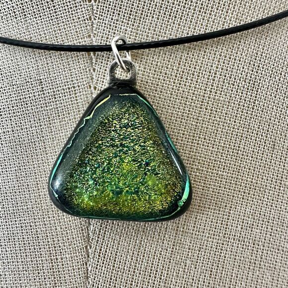 Dichroic Glass Triangle Pendant Necklace on Black Wire Cord - Picture 2 of 7